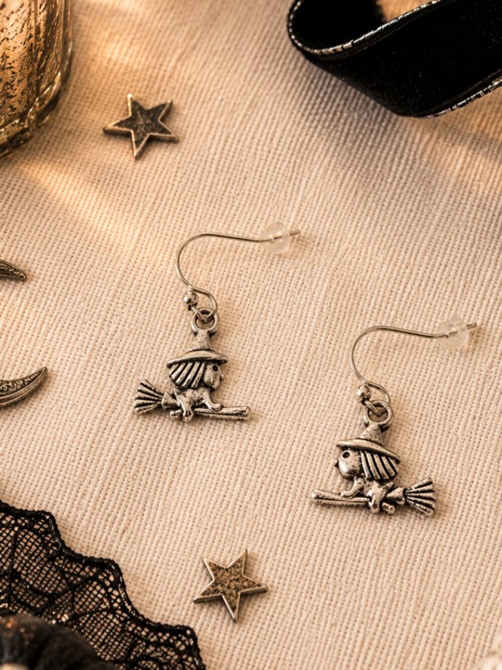 Flying Witch Dangle Earrings Antique Silver Halloween Broomstick Witch
